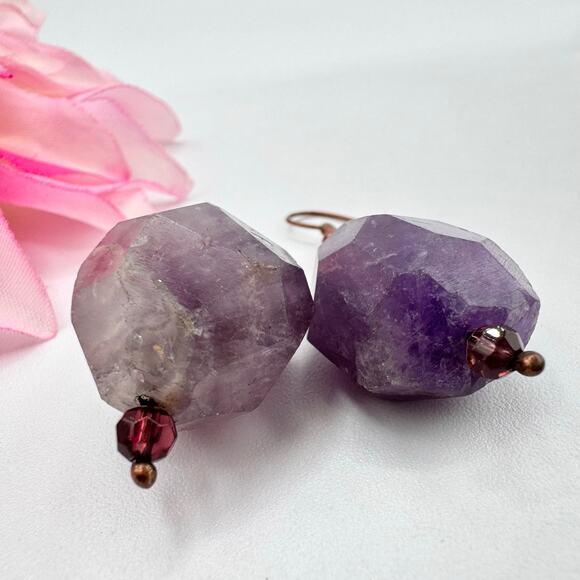Raw Amethyst Nugget Dangle Earrings Copper Tone Ear Wire Tested 16.95 Grams Big - Picture 3 of 8